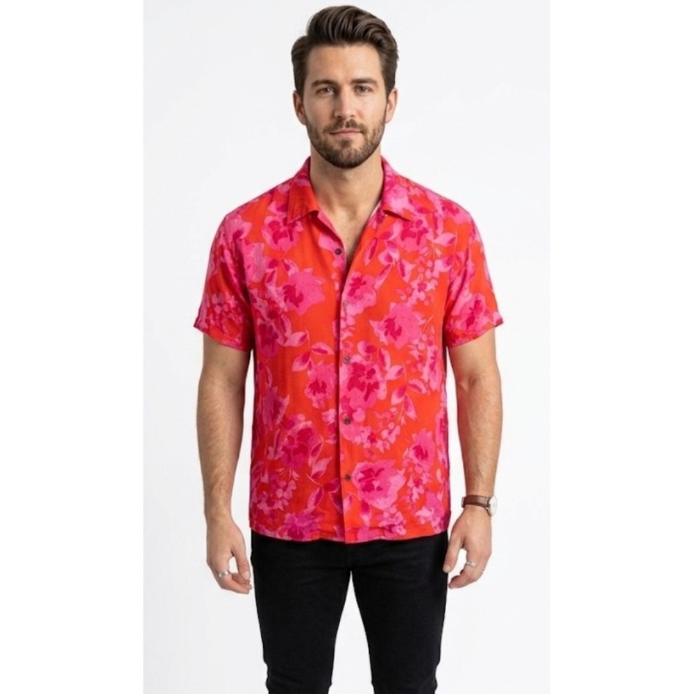 Olivaceous Mens Red‎ Pink Floral Short Sleeve Button Up Shirt Size Small